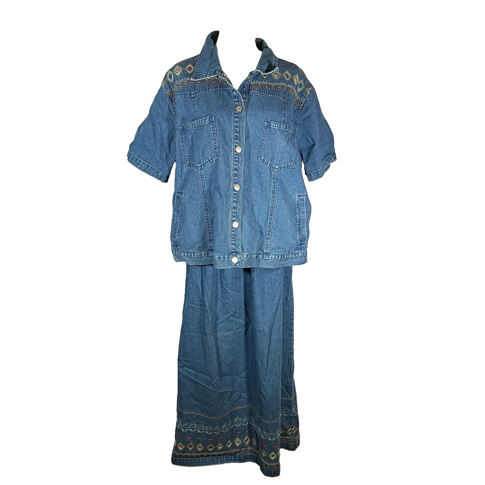 Vintage 90s Denim & Co Embroidered 1X Top & Skirt Set Cottagecore Boho Y2K Plus